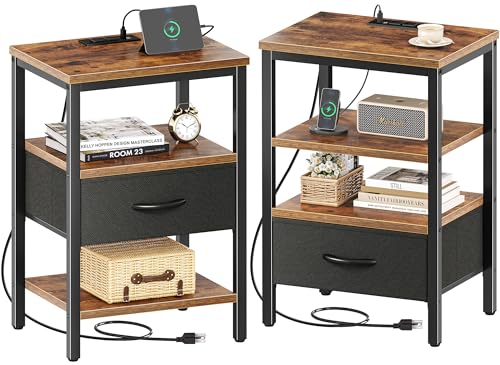SUPERJARE Nightstand with Charging Station, Fabric Drawer, 3-Tier Storage, Walnut K366263