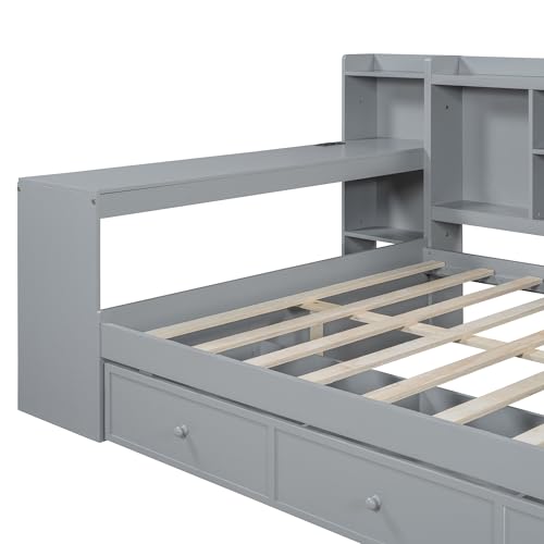 Bellemave Twin Corner Bed Frame with Storage Shelves and Desk, Gray L74206