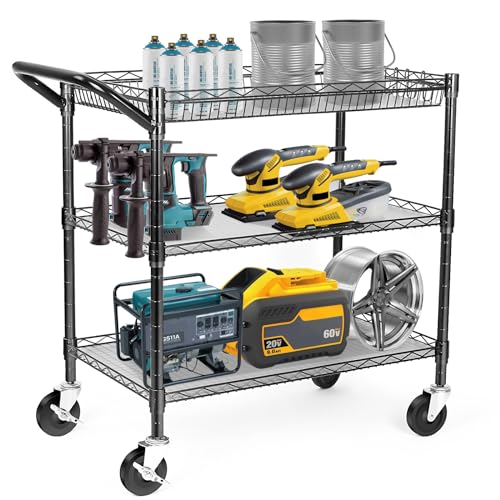 WDT Heavy Duty 3 Tier Utility Cart with Wheels, Commercial Grade Service Cart, 750LBS Capacity Silver L466