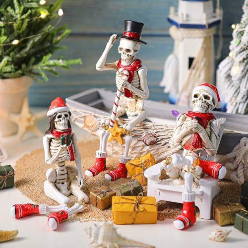 Soulchen 3 Pcs Skeleton Figurines with Christmas Hat and Scarf 7.5" Tall W331129
