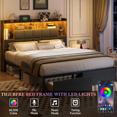 LED Bed Frame Full Size with Bookshelf Headboard and Charging Station R978868