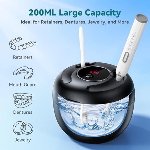 Dental Ultrasonic Retainer Cleaner Machine 45kHz with UV Cleaner, Digital Timer, 4 Modes, Black E665