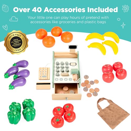 Pretend Play Grocery Store Wooden Supermarket Toy Set for Kids with Play Food, Cash Register, Conveyor - Red I3448