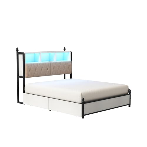 AMERLIFE Full Size Bed Frame with Bookcase Headboard, Charging Station, Rustic Brown H544