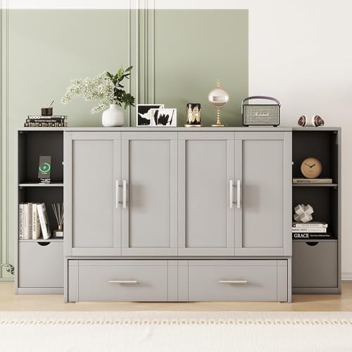 Ball & Cast Queen Size Solid Pine Murphy Bed with Charging Station, White + Walnut P2075