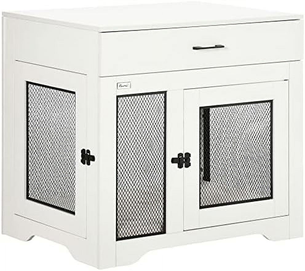 White Dog Crate Furniture with Cushion and Drawer Q96474