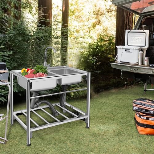 Outdoor Utility Sink Stainless Steel Double Bowl Free Standing with Hot and Cold Faucet L5338