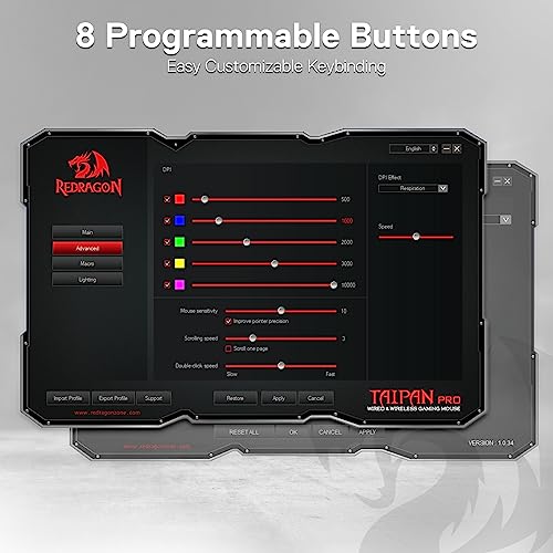 Redragon M810 Pro Wireless Gaming Mouse, 10000 DPI, RGB Backlit K36063