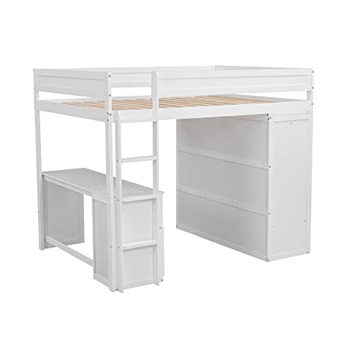 Full Size Loft Bed with Storage Wardrobe and Desk for Kids Teens Adults White K66587