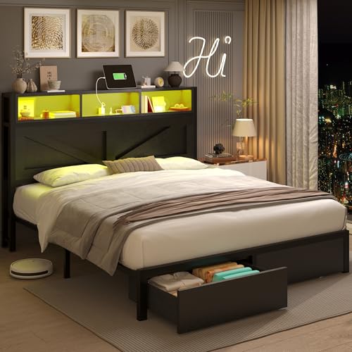 Farmhouse Full Bed Frame with Bookcase Headboard, LED Lights and Charging Station M527023