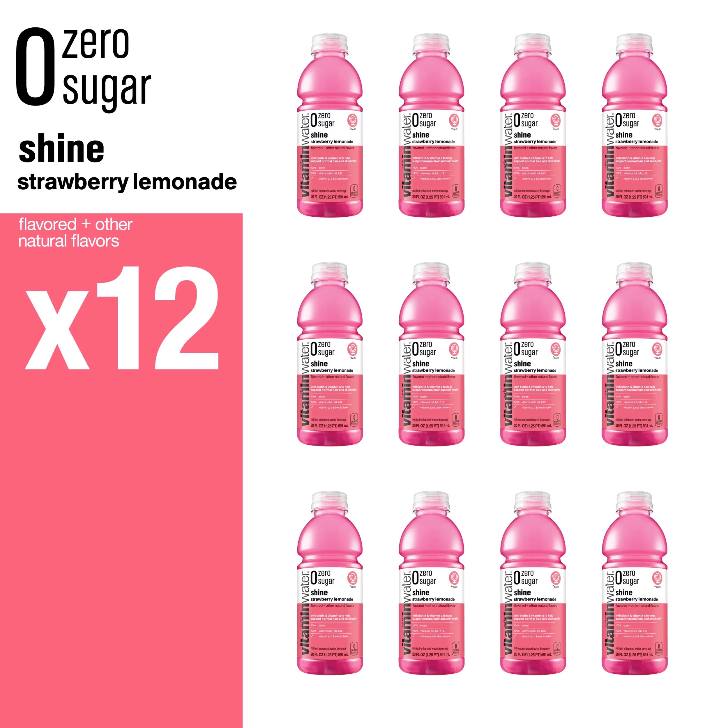Vitaminwater Zero Sugar Shine Electrolyte Enhanced Water, Strawberry Lemonade, 20 fl oz, 12 Pack V746