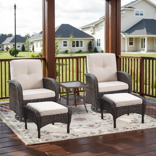 Outdoor Wicker Swivel Rocker Chairs Set of 2 with Rattan Side Table, Brown/Blue B592