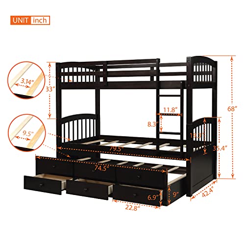 Harper & Bright Designs Twin Over Twin Bunk Bed with Storage Drawers, Solid Wood, Espresso P440327