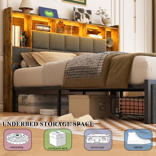 LED Bed Frame Full Size with Bookshelf Headboard and Charging Station R978868