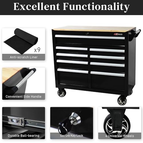 Heavy Duty 9-Drawer Rolling Tool Chest with Wood Top, Black K54490