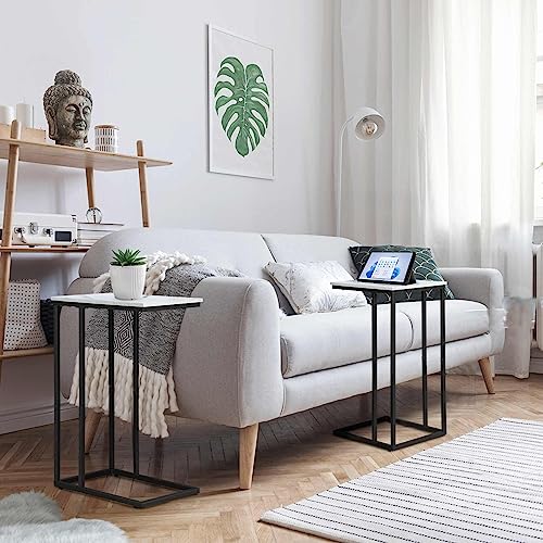 C Shaped Side Table Set of 2, Marble End Table for Sofa and Bed, White and Black O683294