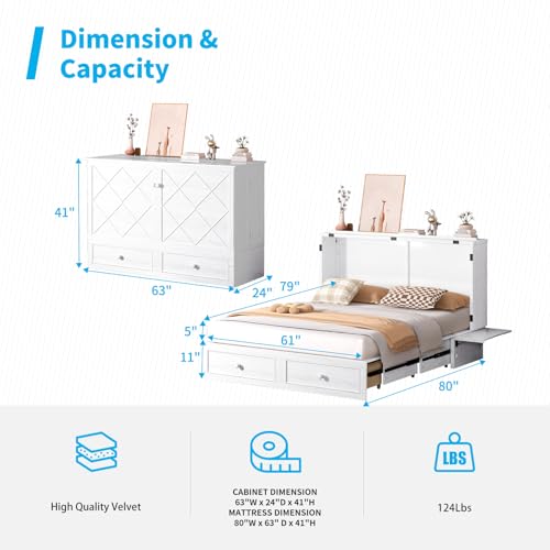 Mjkone Queen Murphy Bed Cabinet with Tri-Folding Mattress, White E6299