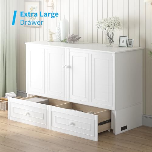 Mjkone Murphy Bed Cabinet Queen Size with USB Charging Station & Storage Drawers, White U176463