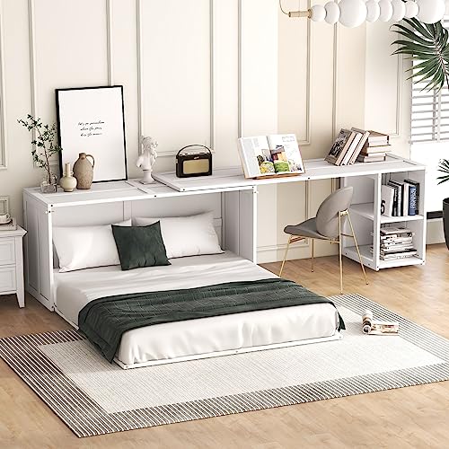 Murphy Bed with Storage Drawer, Easy Fold Wood Murphy Bed Queen with Side Little Shelves, Modern Murphy Bed Cabinet w/Rotable Desk for Guest Room Home Office, Gray