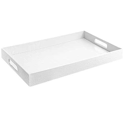 White Marble Faux Leather Decorative Tray with Handles D972626
