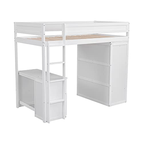 Full Size Loft Bed with Storage Wardrobe and Desk for Kids Teens Adults White K66587