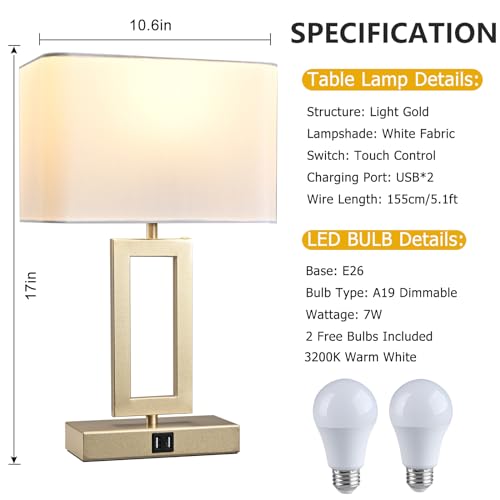 22" Touch Control Table Lamps with USB Ports, Dimmable, Gold & White V1178