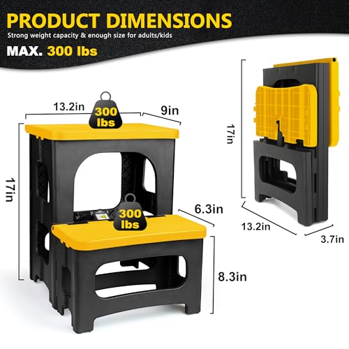 Folding 2-Step Stool, Non-Slip Portable Footstool, Yellow H725346