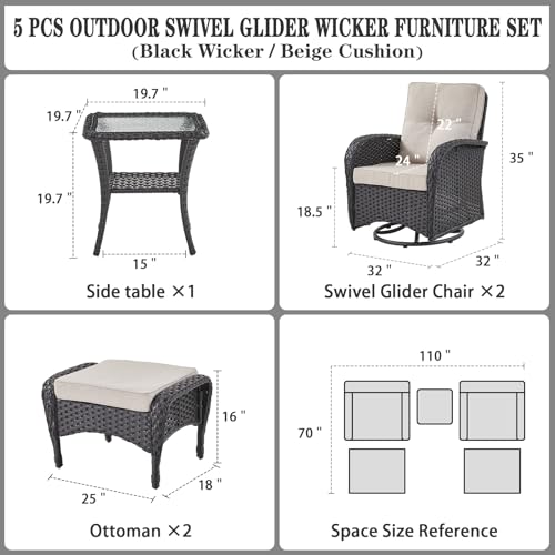 Outdoor Wicker Swivel Rocker Chairs Set of 2 with Rattan Side Table, Brown/Blue B592