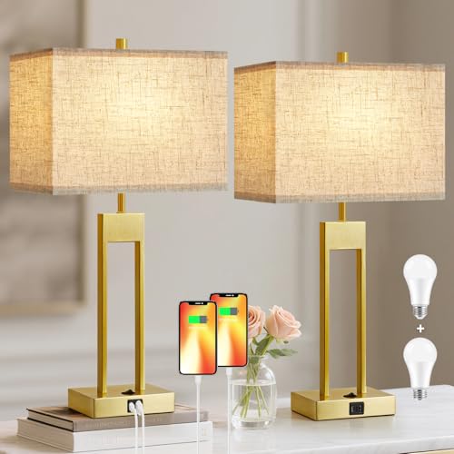 25.5'' Nightstand Lamps Set of 2 with USB, 3 Colors for Bedroom E985629