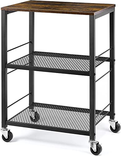 LIANTRAL 3 Tier Rolling Cart, Brown Kitchen Storage Cart on Wheels M635