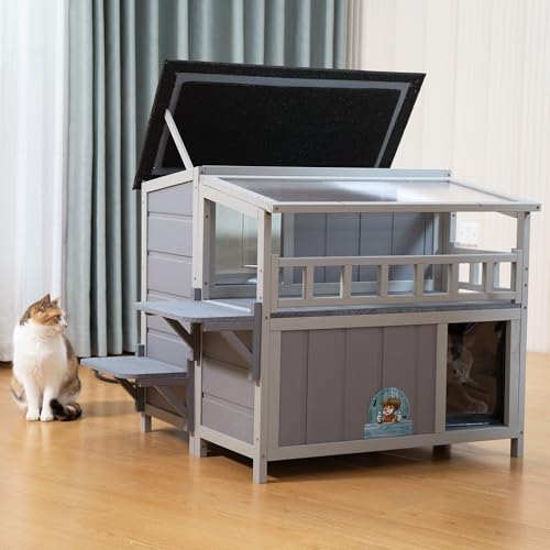 Warm Wood Cat Shelter with Sunlight Roof for Outdoor Use J791