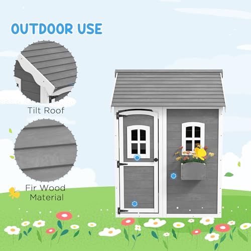Outsunny Wooden Playhouse for Kids with Floor, Door, Windows & Planter Box, Gray J692318