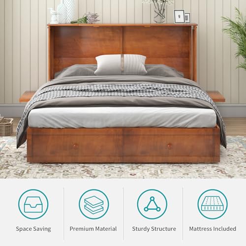 BALUS Murphy Bed Cabinet Queen with Tri-fold Mattress, USB Charging Station, Grey-Blue X7255