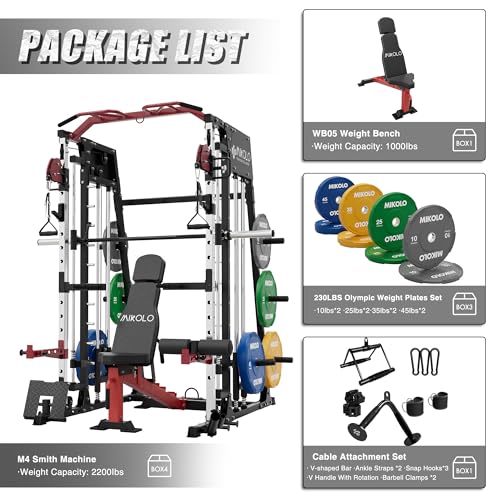 Mikolo Smith Machine 2200lbs Squat Rack with Lat Pulldown & Cable Crossover E219