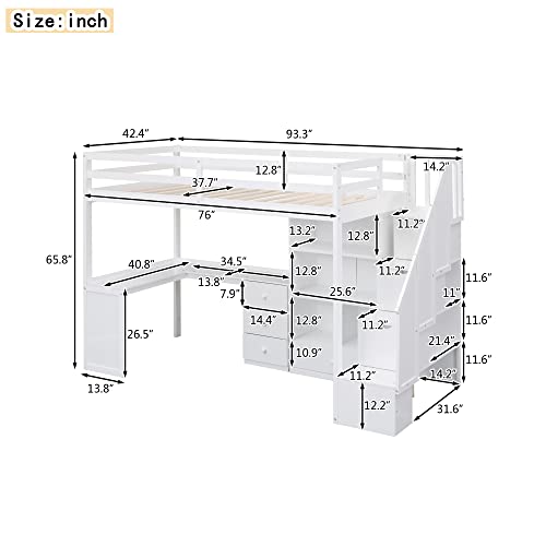Harper & Bright Designs Twin Size Loft Bed with L-Shaped Desk and Stairs, Solid Wood, White D768