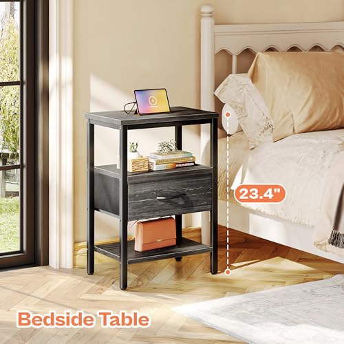 SUPERJARE Nightstand with Charging Station, Fabric Drawer, 3-Tier Storage, Walnut K366263