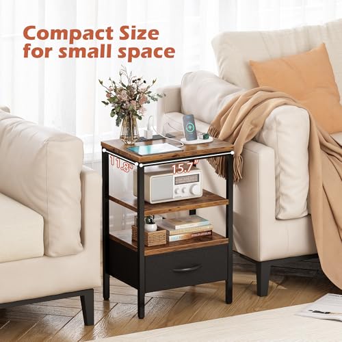 SUPERJARE Nightstand with Charging Station, Fabric Drawer, 3-Tier Storage, Walnut K366263