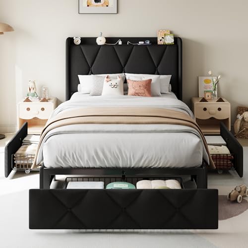 Queen Bed Frame with 4 Storage Drawers and Charging Station, Black S804993