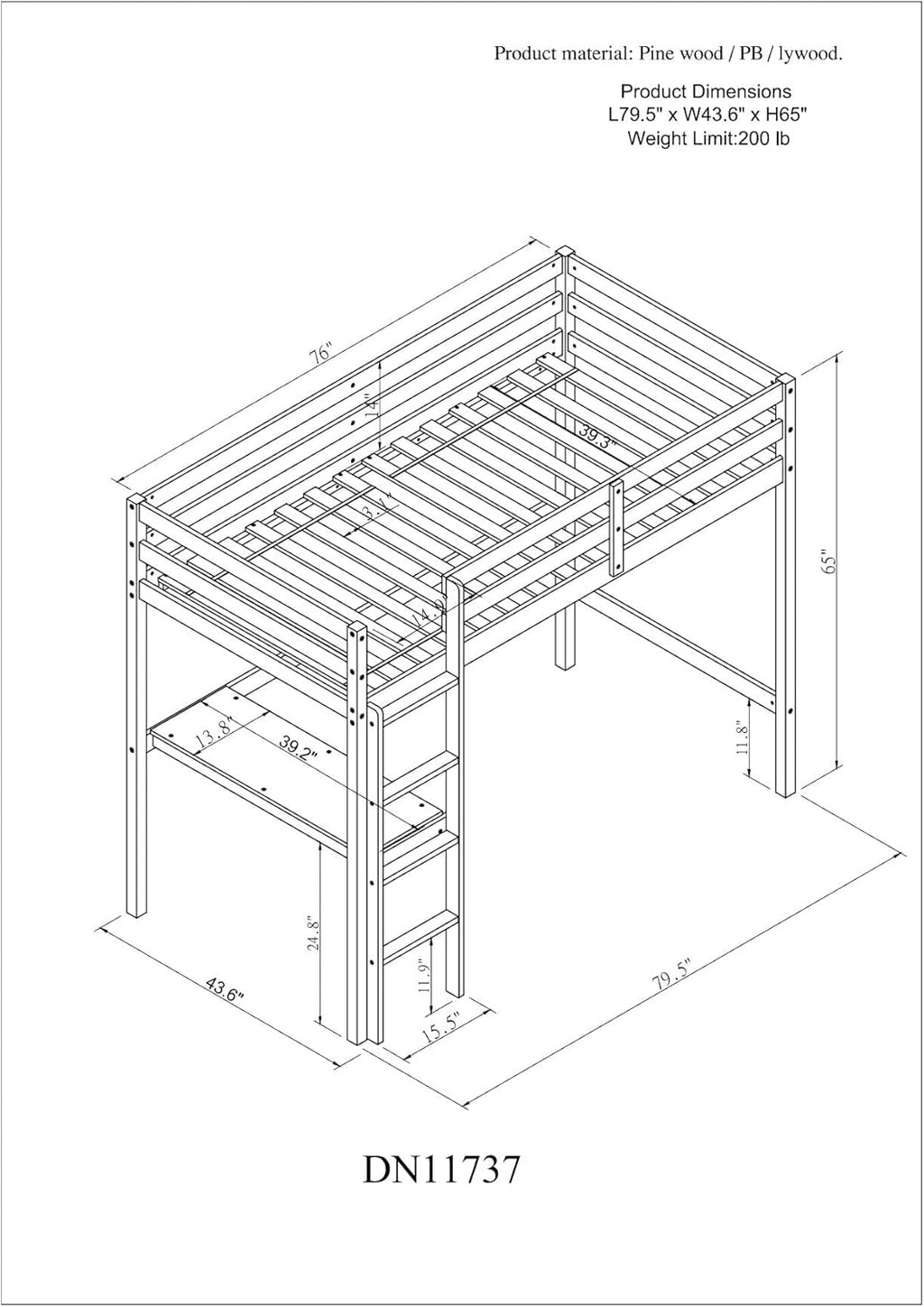Wooden Twin Size Loft Bed with Desk and Ladder for Kids Teens, White O403068