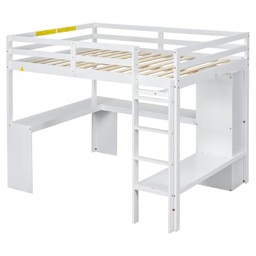 SOFTSEA Full Size Loft Bed with Desk & Wardrobe, White F150304