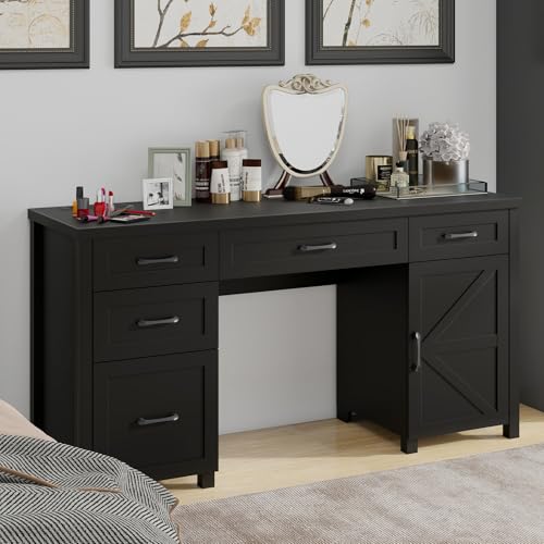 Farmhouse 61" Executive Desk with 5 Drawers and Charging Station, Pure Black W116439