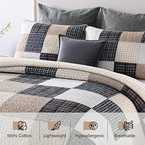 Quilt Queen 100% Cotton Queen Quilt Bedding Set, Grey Patchwork Plaid, 3 Pieces C440600