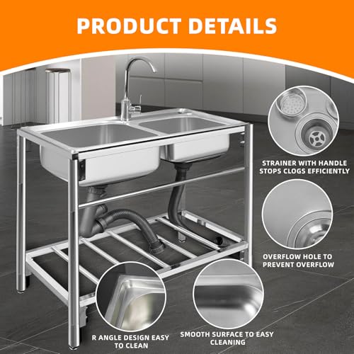 Outdoor Utility Sink Stainless Steel Double Bowl Free Standing with Hot and Cold Faucet L5338