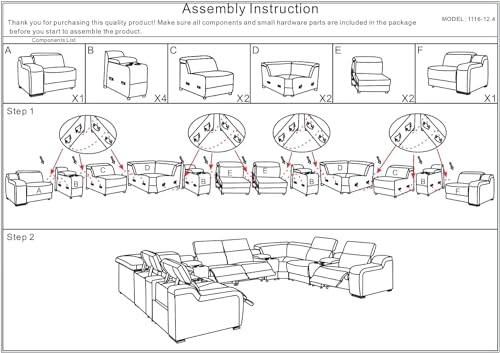 Ibero 12-Piece Italian Leather Sectional Sofa Set with 4 Recliners, Light Gray E5124