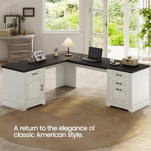 Itaar Farmhouse Executive L Shaped Desk with File Drawer and Power Outlet, White X918168