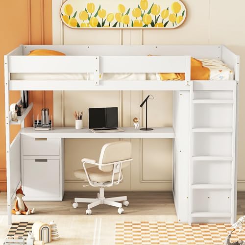 Harper & Bright Designs Twin Size Loft Bed with L-Shaped Desk and Stairs, Solid Wood, White D768