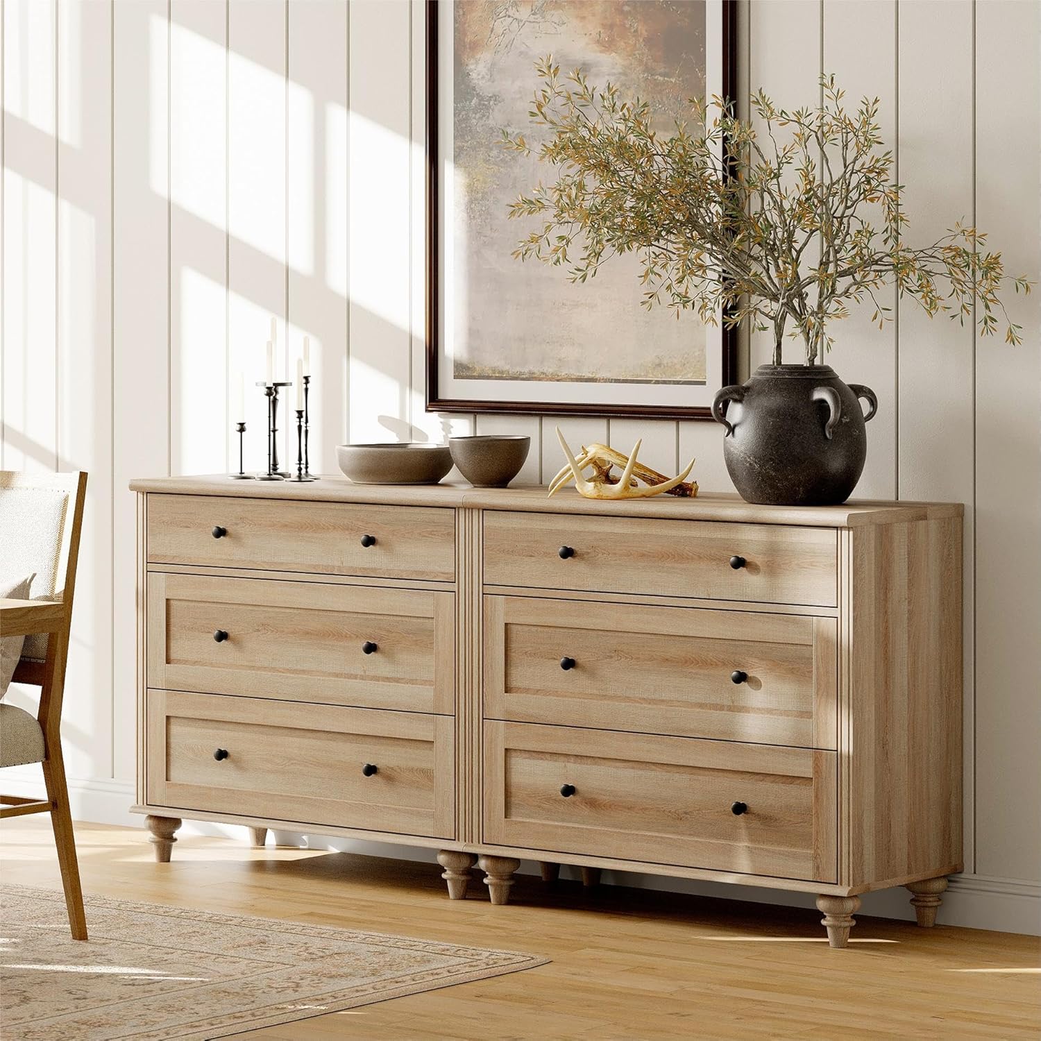WAMPAT 4 Piece Bedroom Set with 2 Dressers and 2 Nightstands, Oak P906