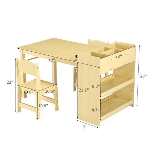Kids Art Table with 2 Chairs, Toddler Craft Wood Activity Desk with Storage Shelves O767611