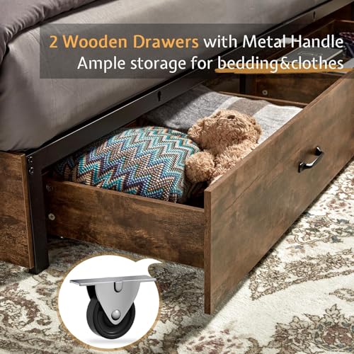 VanAcc Full Size Wooden Platform Bed with Bookcase Headboard and 2 Drawers O6158