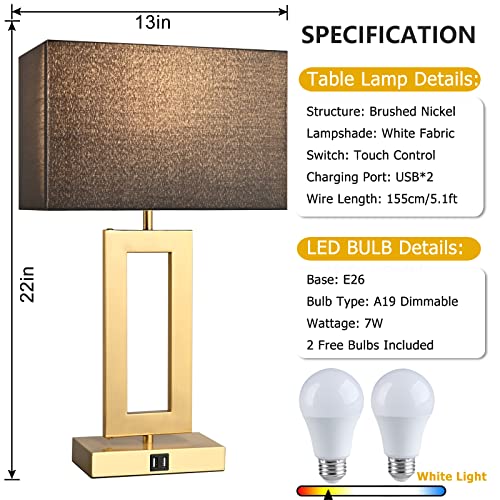22" Touch Control Table Lamps with USB Ports, Dimmable, Gold & White V1178